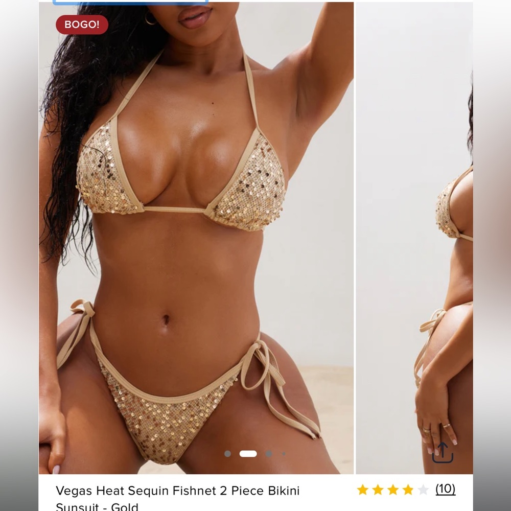 Vegas Heat Sequin Fishnet 2 Piece Bikini Swimsuit - Gold